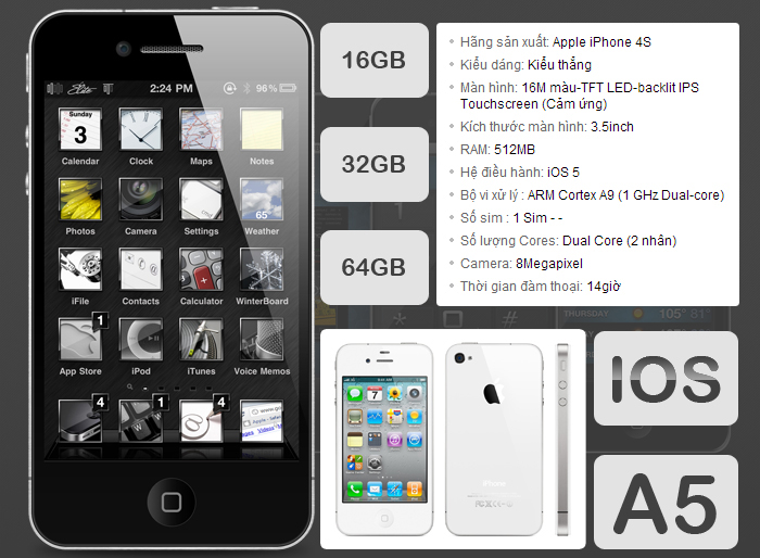 cau hinh iphone 4s 16gb - iPhone 4S 16GB quốc tế màu trắng